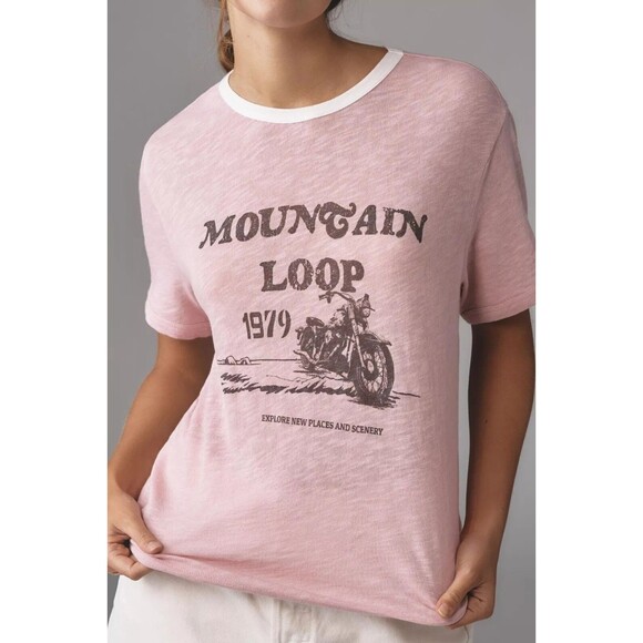 Pilcro Anthropologie Mountain Loop Ringer Tee Blouse Top Printed Pink XS 278102 - Picture 2 of 8